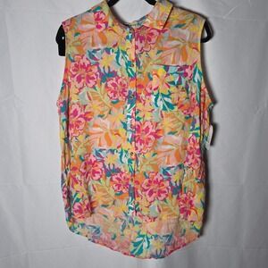 Time and Tru Sleeveless Henley Shirt Womens XL Tropical Floral Print Linen Blend
